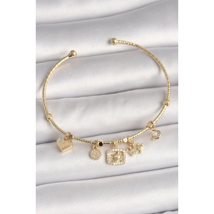 Pirinç Gold Renk Sallantı Zirkon Taşlı Ayıcık Figür Taç Detay Charm Kadın Bileklik