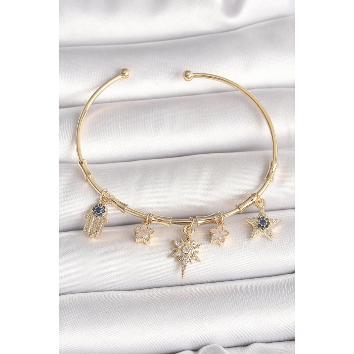 Pirinç Gold Renk Sallantı Zirkon Taşlı Kutup Yıldız Model Charm Model Kadın Bileklik