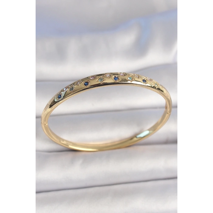 Pirinç Gold Renk Yıldız İşlemeli Zirkon Taşlı Kadın Kelepçe