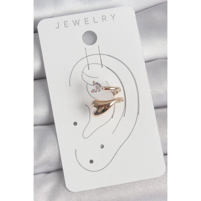 Pirinç Gold Renk Zirkon Taş Detaylı Kalp Model Kadın Kıkırdak Küpe