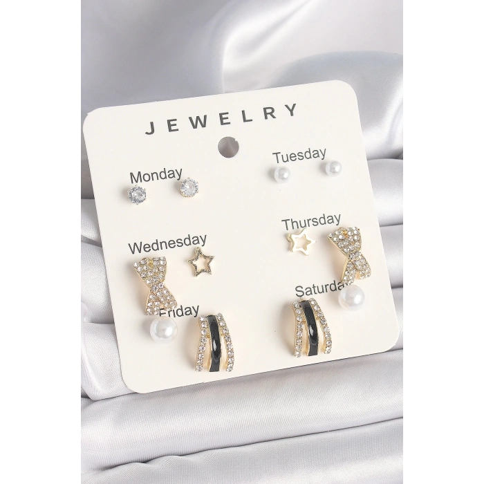 Pirinç Gold Renk Zirkon Taş Yıldız Detaylı İncili 7Li Set Kadın Küpe Seti