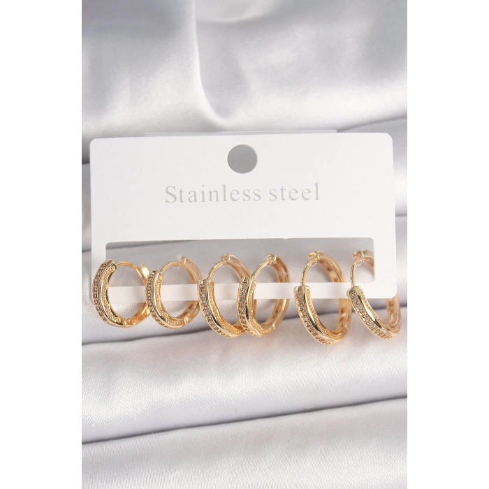 Pirinç Gold Renk Zirkon Taşlı 3 Çift Daire Model Kadın Küpe