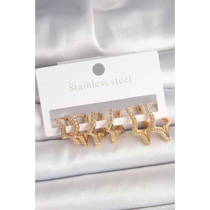Pirinç Gold Renk Zirkon Taşlı 3 Çift Yıldız Model Kadın Küpe