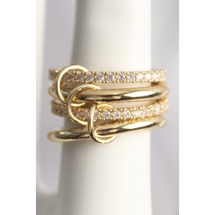 Pirinç Gold Renk Zirkon Taşlı 4Lü Kadın Yüzük