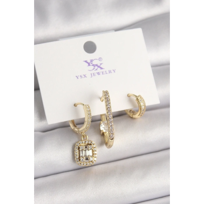Pirinç Gold Renk Zirkon Taşlı Baget Halka Model 3Lü Kadın Kombin Küpe
