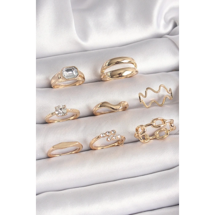 Pirinç Gold Renk Zirkon Taşlı Dalga Model Zincir Detay Kadın Yüzük Kombini