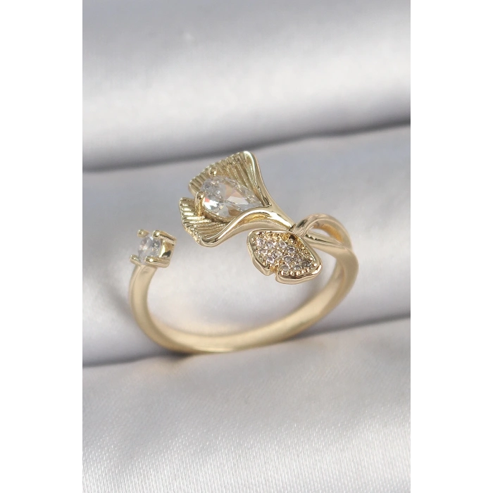 Pirinç Gold Renk Zirkon Taşlı Deniz Kabuğu Model Ayarlanabilir Kadın Yüzük