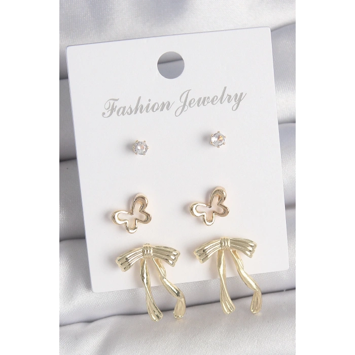 Pirinç Gold Renk Zirkon Taşlı Fiyonk Model Kelebek Detay 3 Çift Kadın Küpe Seti