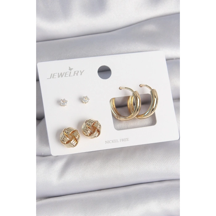 Pirinç Gold Renk Zirkon Taşlı Halka Model Burgu Detay 3 Çift Kadın Küpe Seti