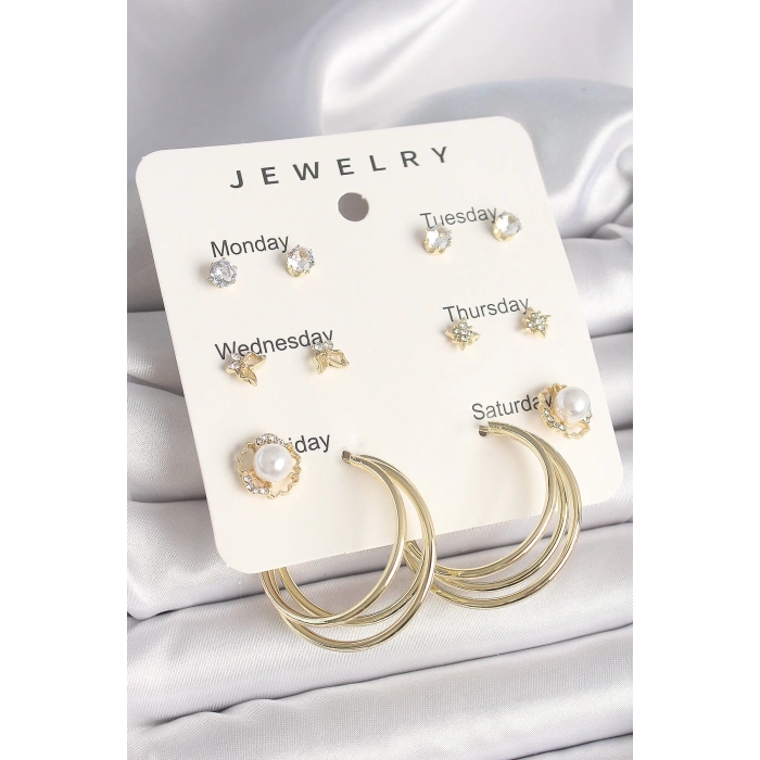 Pirinç Gold Renk Zirkon Taşlı İncili Halka Figür 7Li Set Model Kadın Küpe Seti