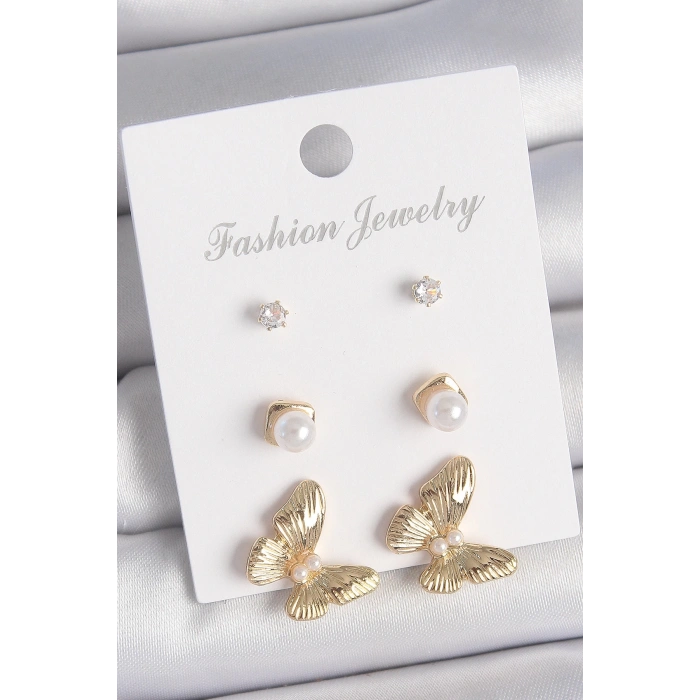 Pirinç Gold Renk Zirkon Taşlı İşlemeli Motif Model 3 Çift Kadın Küpe Seti