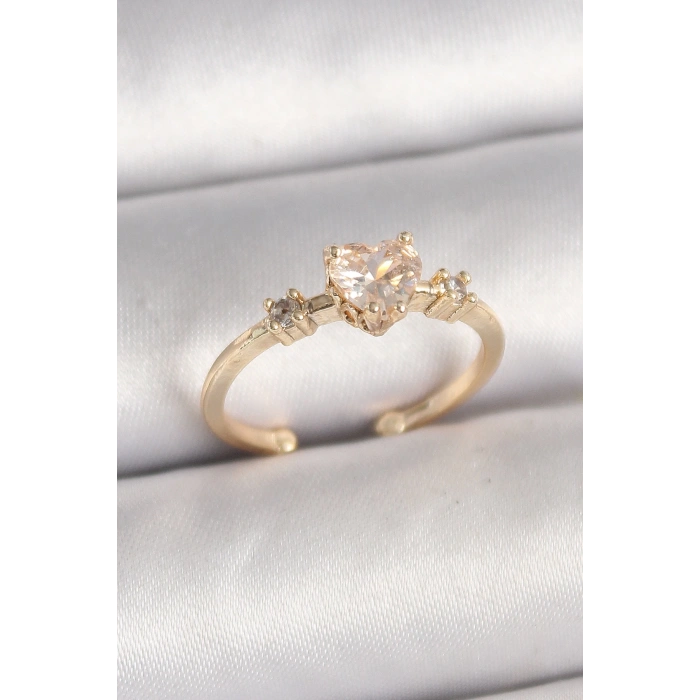 Pirinç Gold Renk Zirkon Taşlı Kalp Model Ayarlanabilir Kadın Yüzük