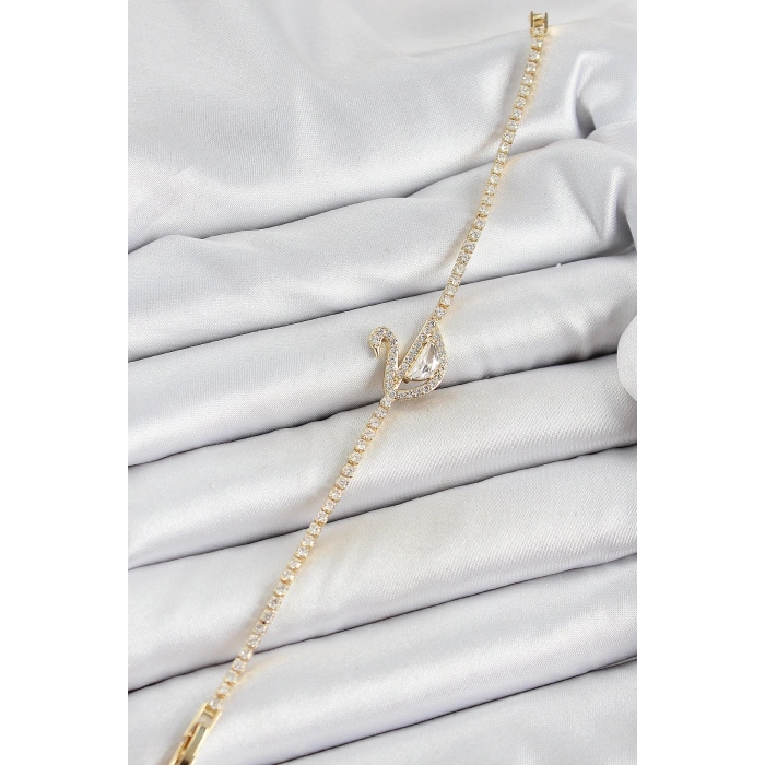 Pirinç Gold Renk Zirkon Taşlı Kuğu Model Kadın Bileklik