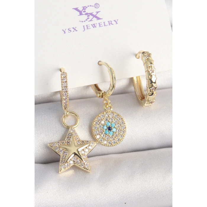 Pirinç Gold Renk Zirkon Taşlı Sallantı Yıldız Model Nazar Boncuk Detay 3Lü Kadın Kombin Küpe