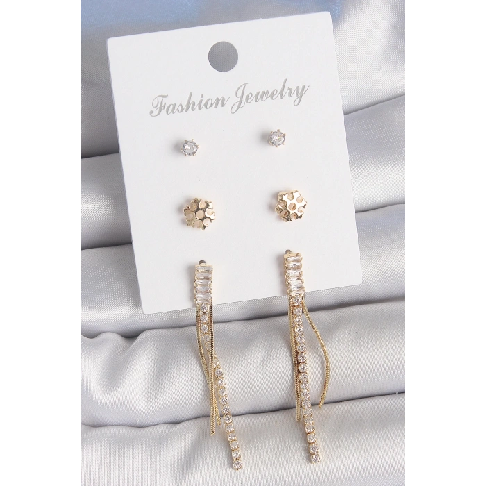 Pirinç Gold Renk Zirkon Taşlı Sallantılı Model Kar Tanesi Detay 3 Çift Kadın Küpe Seti