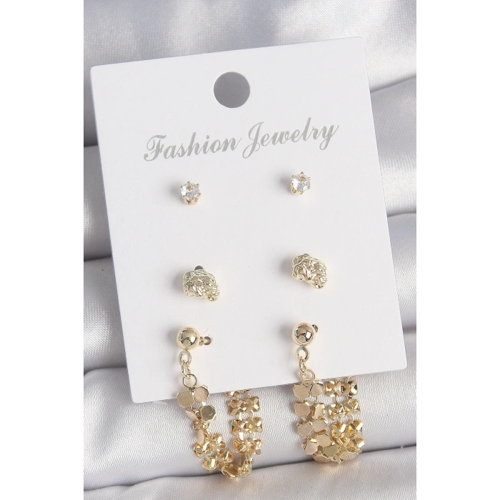 Pirinç Gold Renk Zirkon Taşlı Sallantılı Pul Model 3 Çift Kadın Küpe Seti