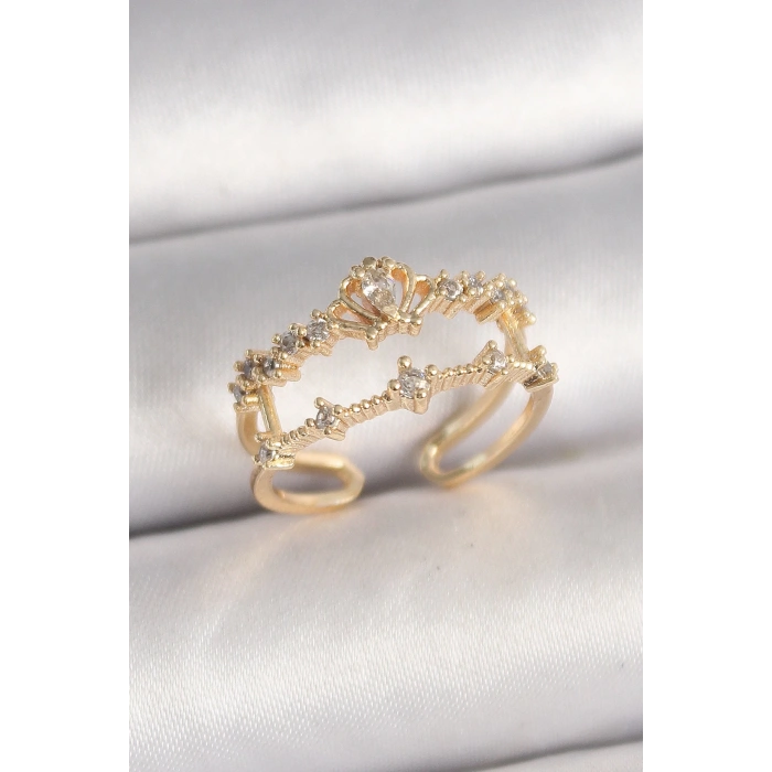Pirinç Gold Renk Zirkon Taşlı Taç Model Ayarlanabilir Kadın Yüzük