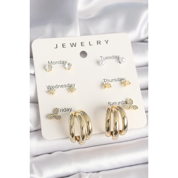 Pirinç Gold Renk Zirkon Taşlı Yıldız Detay Halka Figür 7Li Set Kadın Küpe