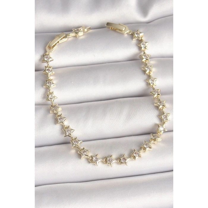 Pirinç Gold Renk Zirkon Taşlı Yıldız Model VIP Seri Kadın Bileklik