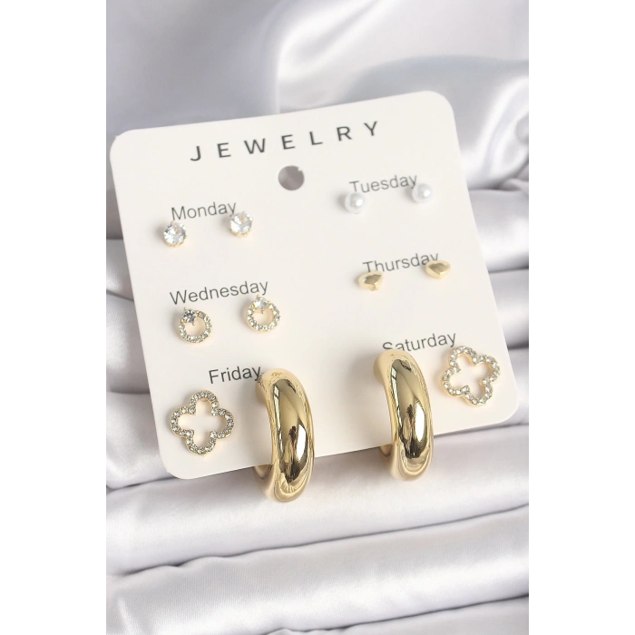 Pirinç Gold Renk Zirkon Taşlı Yonca Halka Figür 7Li Set Kadın Küpe