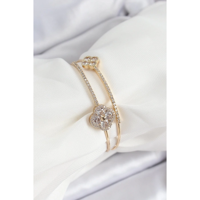 Pirinç Gold Renk Zirkon Taşlı Yonca Model 2li Kadın Bileklik