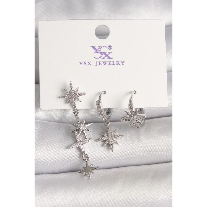 Pirinç Gümüş Ren Sallantı Zirkon Taşlı Kutup Yıldız Model 3Lü Kadın Kombin Küpe