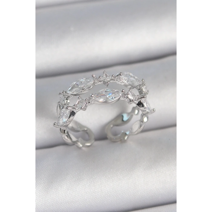 Pirinç Gümüş Renk 2Li Damla Zirkon Taşlı Ayarlanabilir Kadın Yüzük