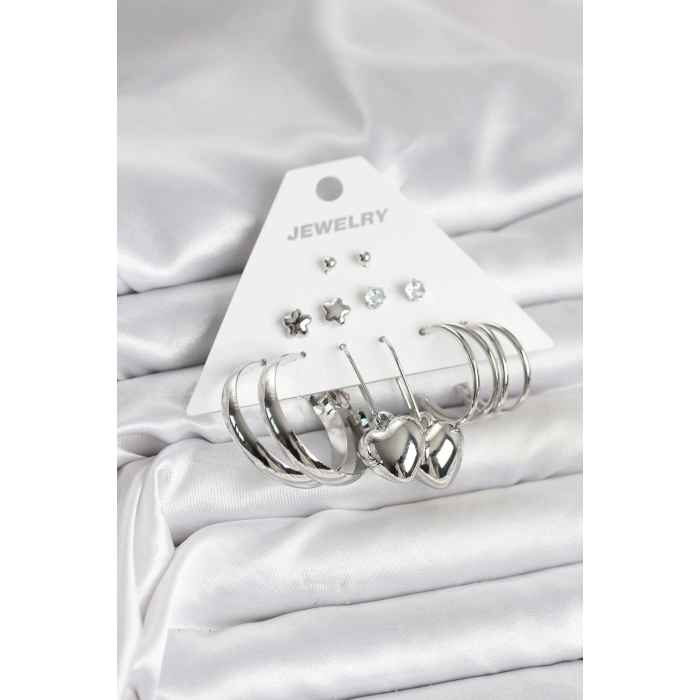 Pirinç Gümüş Renk 6 Çift Kadın Küpe Seti