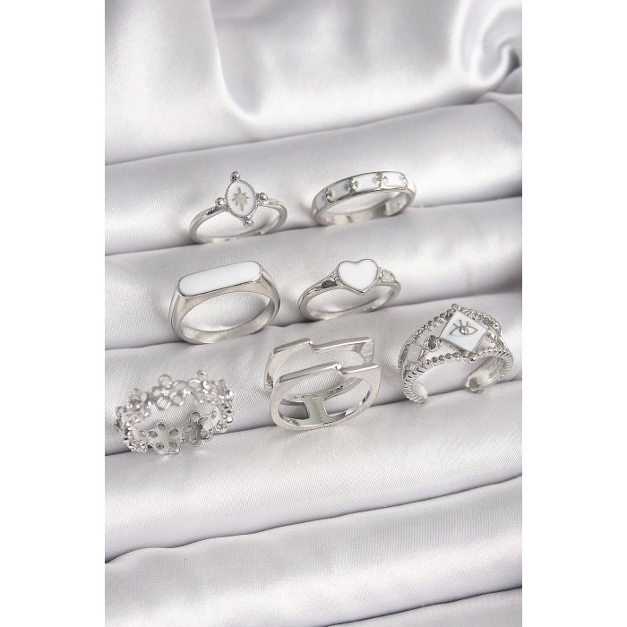 Pirinç Gümüş Renk Beyaz Mineli Kalp Çiçek Detay Kadın Yüzük Kombin