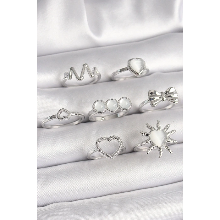 Pirinç Gümüş Renk Beyaz Sedefli Kalp Figür Kurdele Detay Kadın Yüzük Kombini