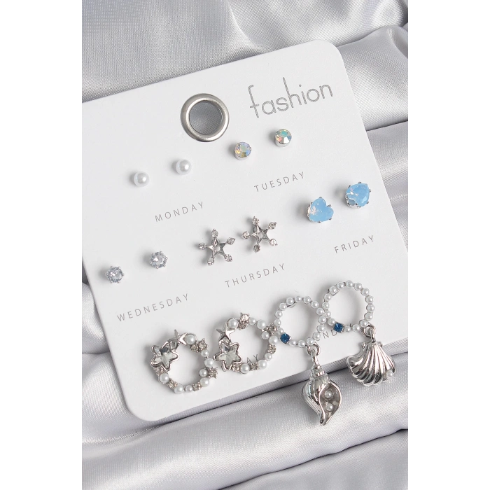 Pirinç Gümüş Renk İncli Zirkon Taşlı Halka Figür Yıldız Detay 7 Çift Kadın Küpe Seti