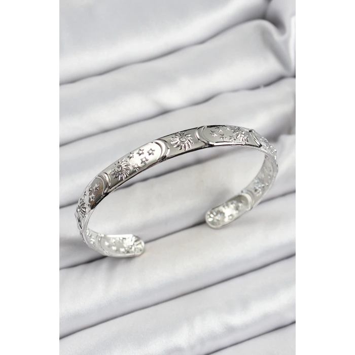 Pirinç Gümüş Renk İşlemeli Altı Açık Bileklik