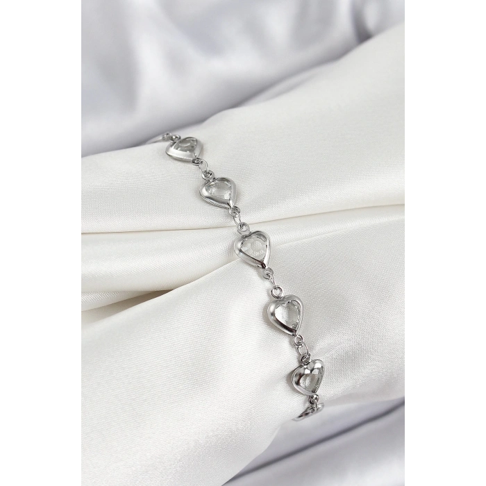 Pirinç Gümüş Renk Kalp Zirkon Taşlı Kadın Bileklik