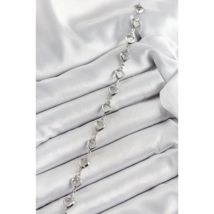 Pirinç Gümüş Renk Kalp Zirkon Taşlı Kadın Bileklik