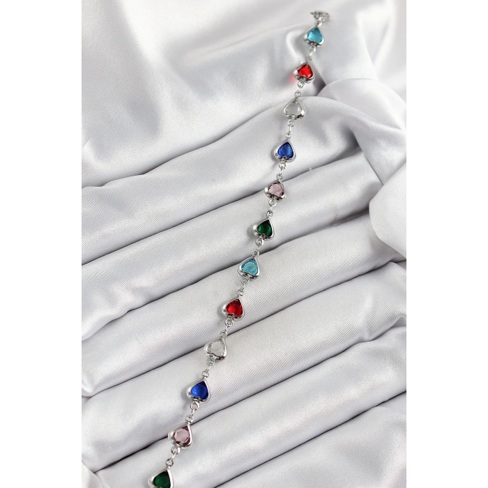 Pirinç Gümüş Renk Karışık Renk Kalp Zirkon Taşlı Kadın Bileklik