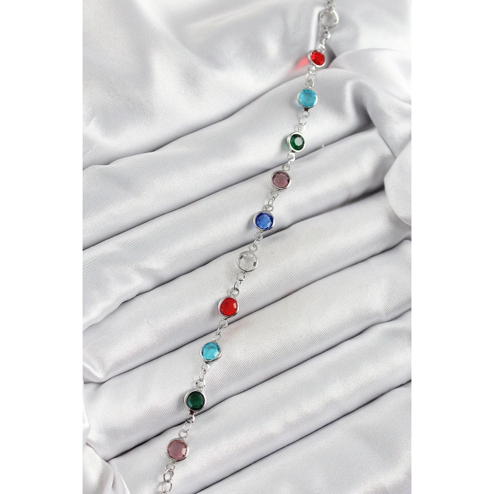 Pirinç Gümüş Renk Karışık Renk Zirkon Taşlı Kadın Bileklik