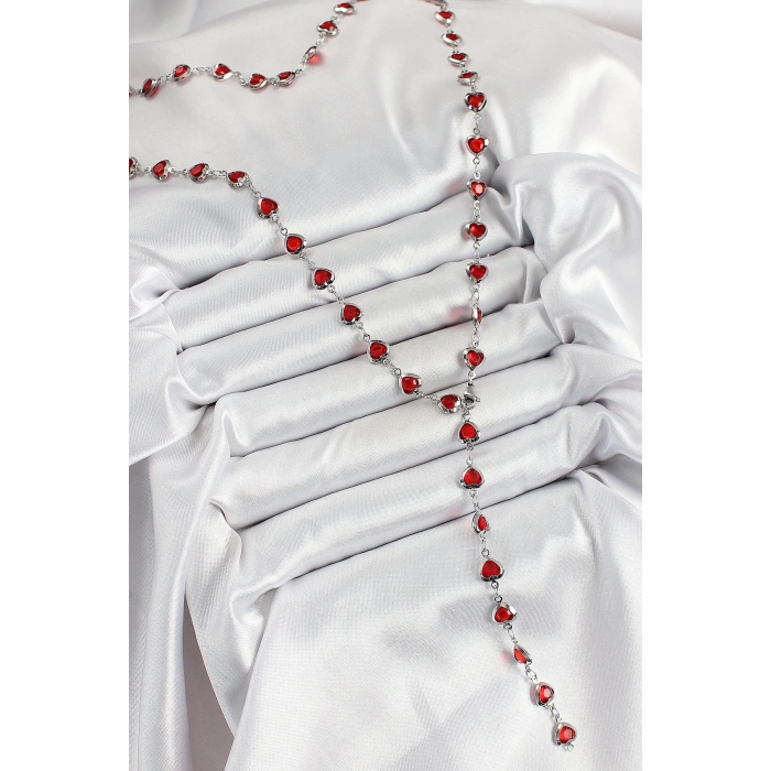 Pirinç Gümüş Renk Kırmızı Zirkon Taşlı Kalpli Y Kadın Kolye