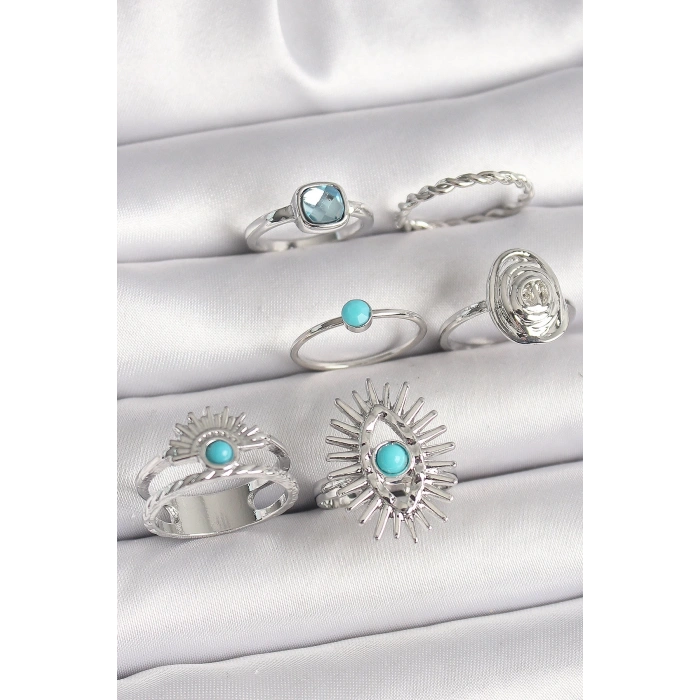 Pirinç Gümüş Renk Mavi Taşlı Kare Zirkon Taş Detaylı Kadın Yüzük Kombini