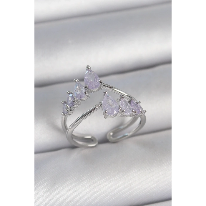Pirinç Gümüş Renk Mor Damla Zirkon Taşlı Taç Model Kadın Yüzük