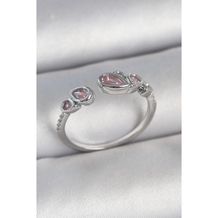 Pirinç Gümüş Renk Pembe Damla Zirkon Taşlı Ayarlanabilir Model Kadın Yüzük