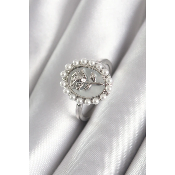 Pirinç Gümüş Renk Portre Gül Model İnci Detay Kadın Yüzük