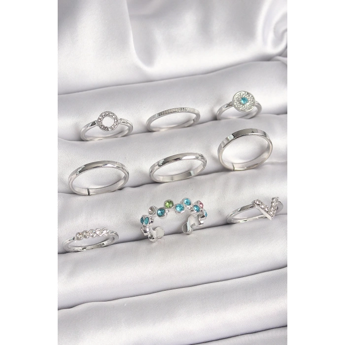 Pirinç Gümüş Renk Renkli Zirkon Taşlı Kadın Yüzük Kombini