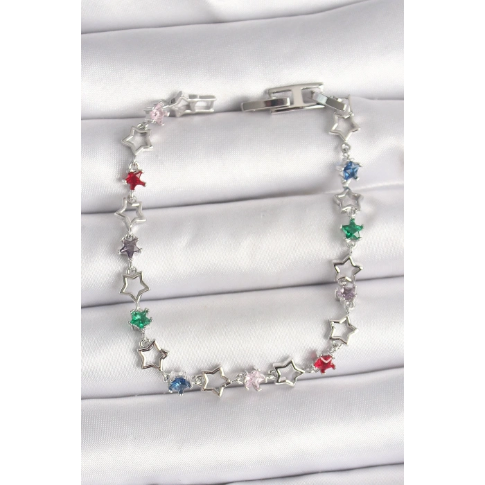 Pirinç Gümüş Renk Renkli Zirkon Taşlı Yıldız Model Kadın Bileklik