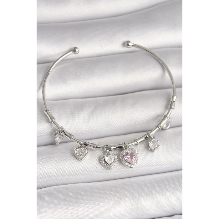 Pirinç Gümüş Renk Sallantı Pembe Zirkon Taşlı Kalp Model Charm Kadın Bileklik