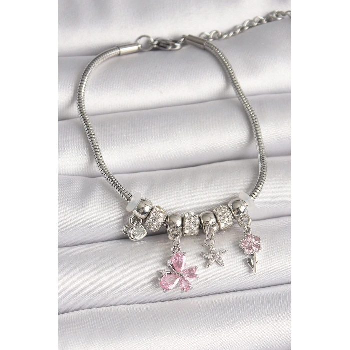 Pirinç Gümüş Renk Sallantı Pembe Zirkon Taşlı Kelebek Figür Çiçek Detay Charm Kadın Bileklik