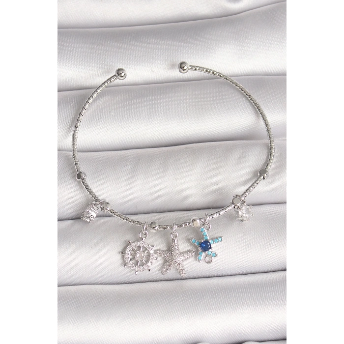 Pirinç Gümüş Renk Sallantı Zirkon Taşlı Deniz Yıldız Figür Charm Kadın Bileklik