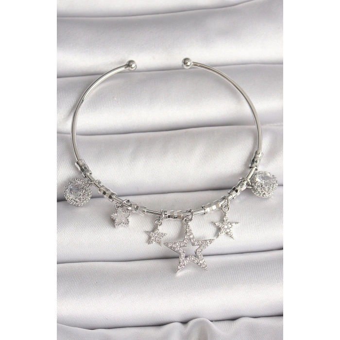 Pirinç Gümüş Renk Sallantı Zirkon Taşlı Yıldız Figür Charm Kadın Bileklik