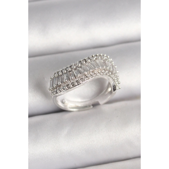 Pirinç Gümüş Renk Su Yolu Zirkon Dalga Model Ayarlanabilir Kadın Yüzük