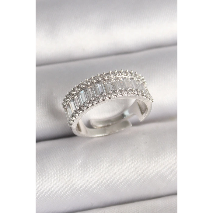 Pirinç Gümüş Renk Su Yolu Zirkon Taşlı Ayarlanabilir Model Kadın Yüzük