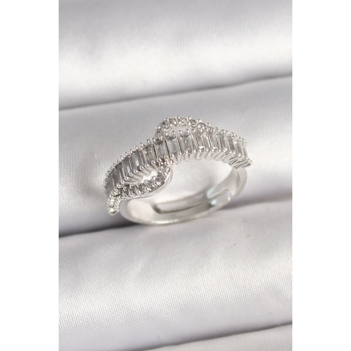 Pirinç Gümüş Renk Su Yolu Zirkon Taşlı Ayarlanabilir Model Kadın Yüzük